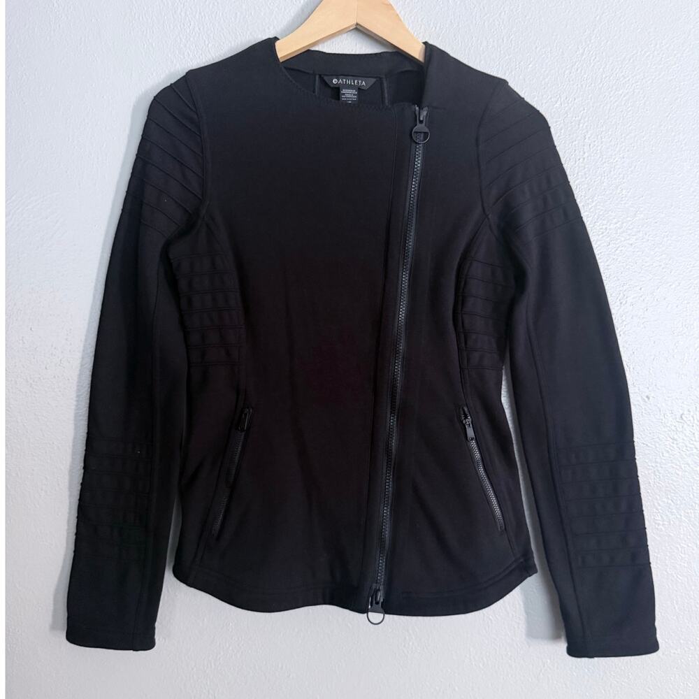 ATHLETA black seam detail cotton blend long sleeve stretch moto athletic jacket